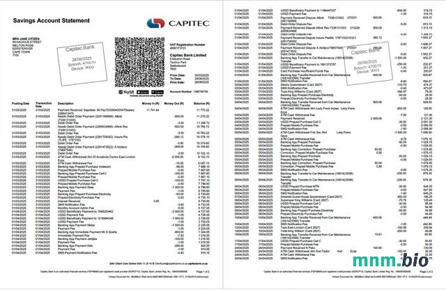 Szablon wyciągu bankowego w RPA ABSA w programie Word i PDF